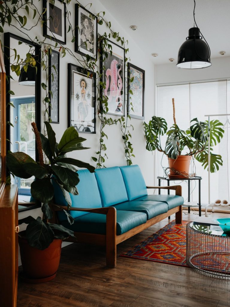 Heller Wohnraum mit blauem Sofa, Pflanzen und Wandbildern.